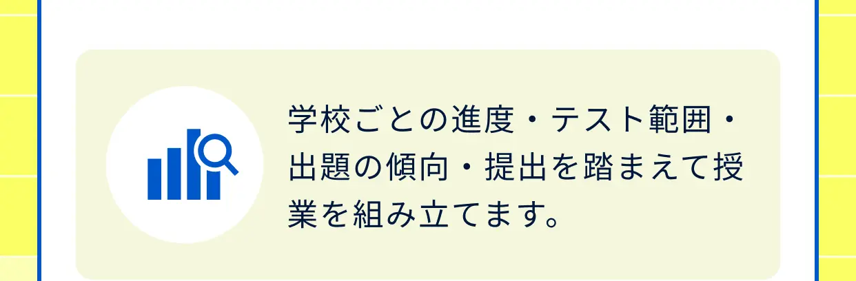 学校ごとの進度・テスト範囲・出題の傾向・提出を踏まえて授業を組み立てます