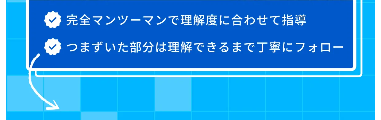 完全マンツーマンで理解度に合わせて指導 つまずいた部分は理解できるまで丁寧にフォロー