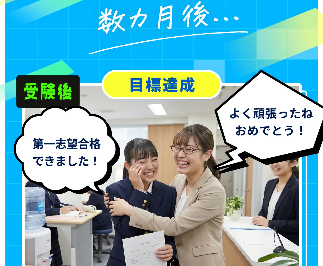 数カ月後… 受験後 目標達成 第一志望合格できました！ よく頑張ったねおめでとう！